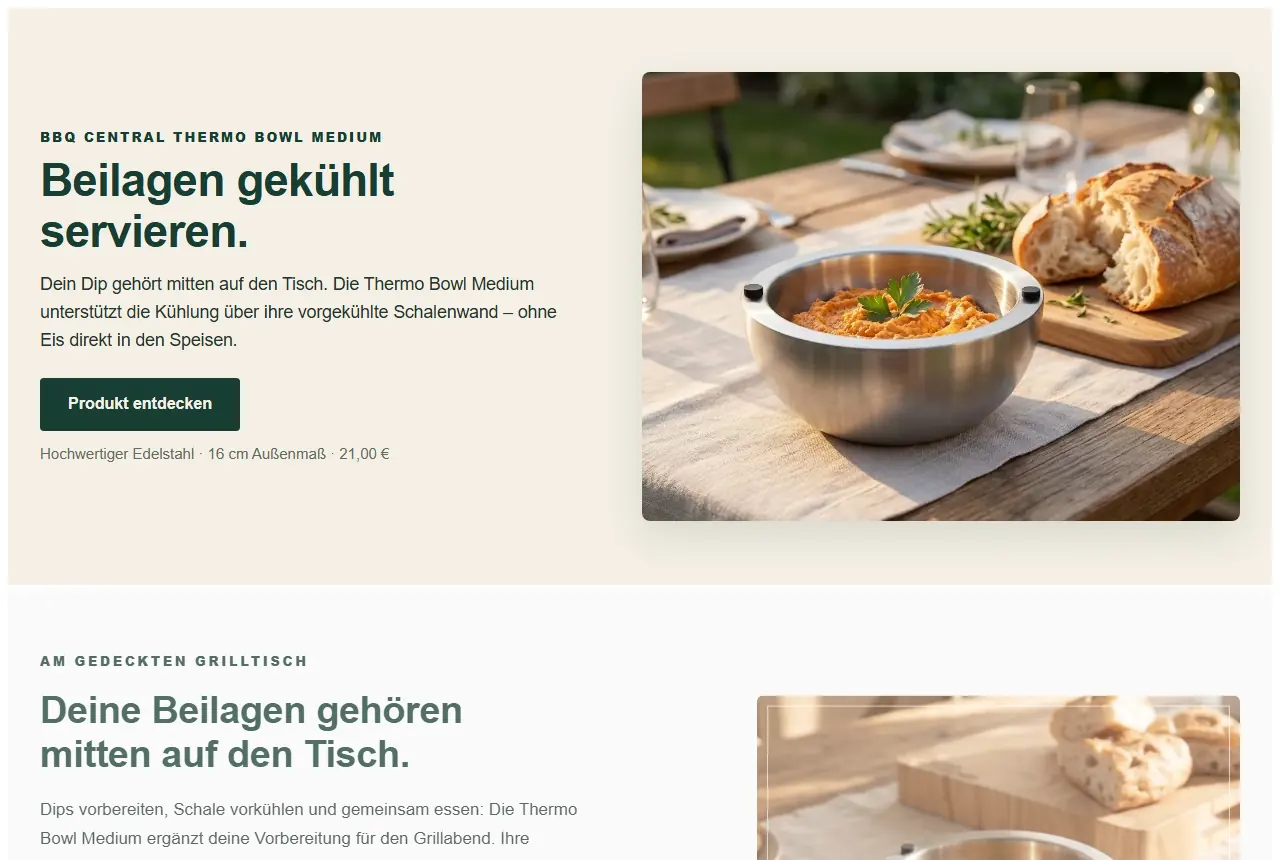 Landingpage „Beilagen gekühlt servieren“ auf dem Desktop