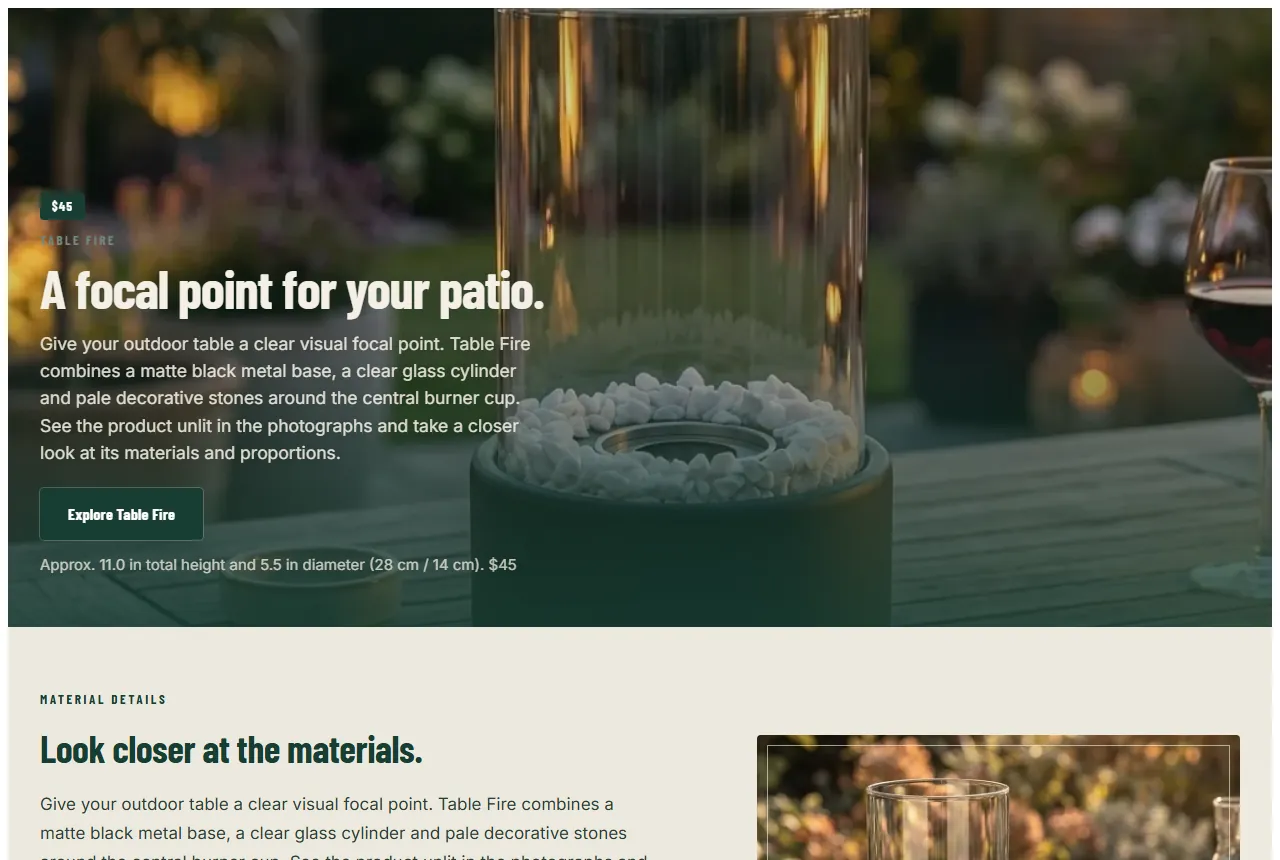 Landing page “A focal point for your patio.” on desktop