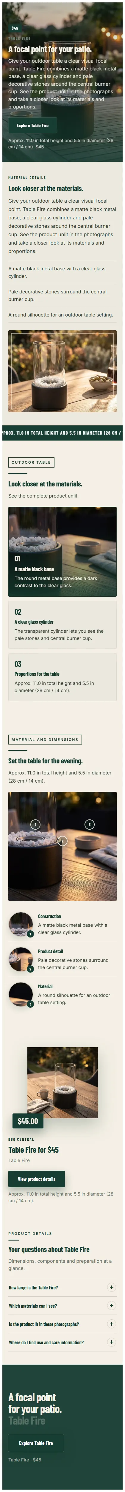 Landing page “A focal point for your patio.” on a phone