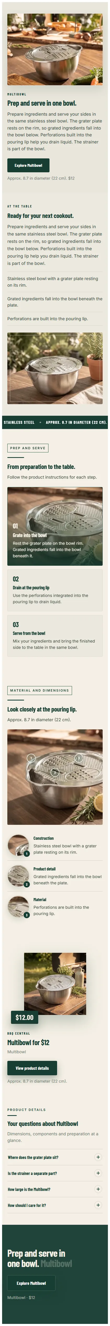 Landing page “Prep and serve in one bowl.” on a phone