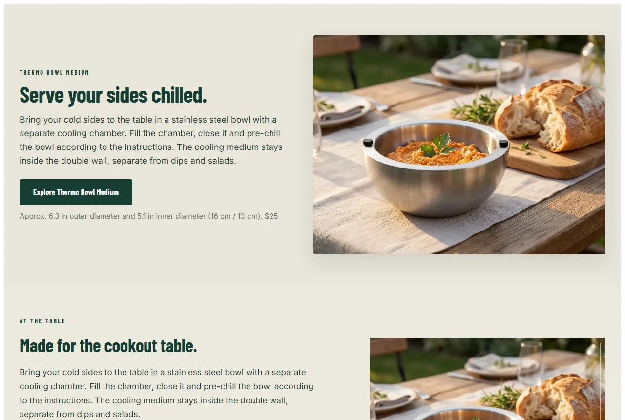 Landing page “Serve your sides chilled.” on desktop