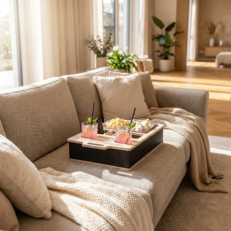 Mit MANTRAL erstelltes Produktbild: die Couchbar mit Getränken auf einem beigen Sofa im hellen Wohnzimmer