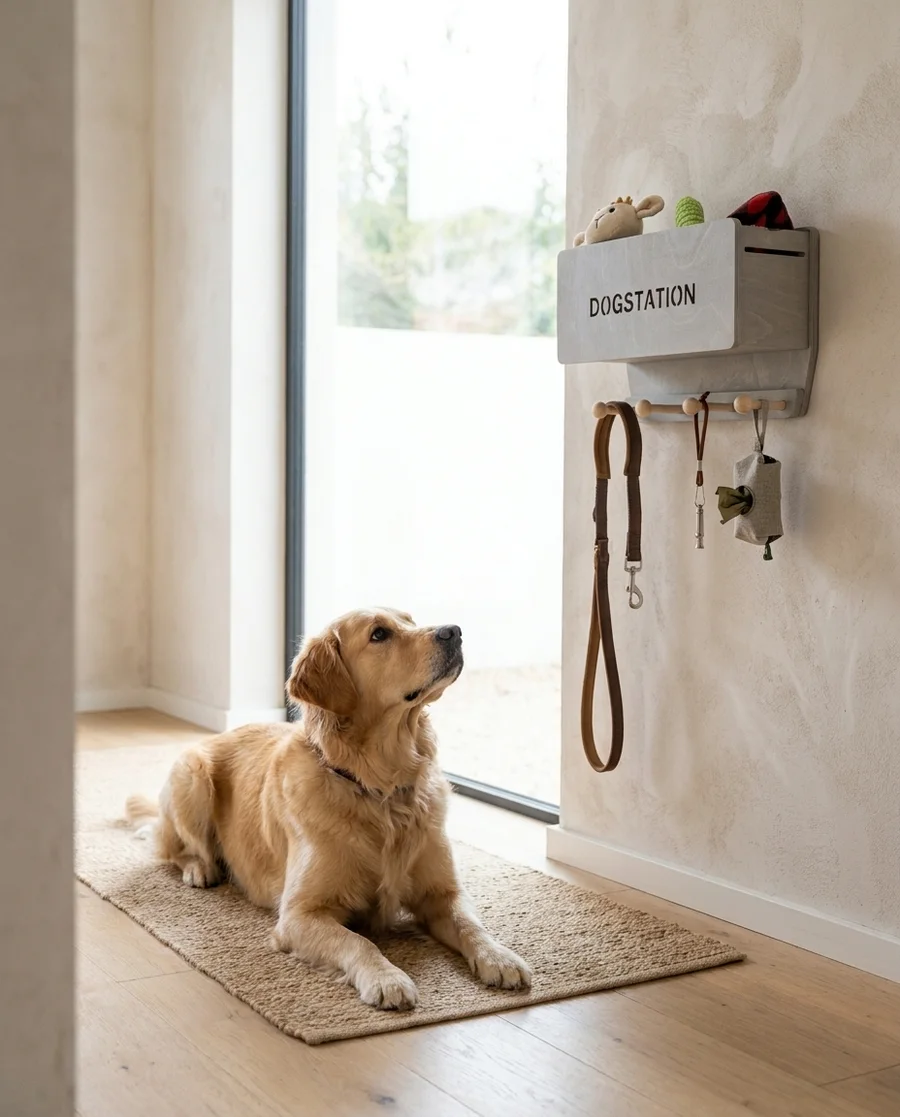 Mit MANTRAL erstelltes Produktbild: die Hundegarderobe im Flur, davor ein Golden Retriever