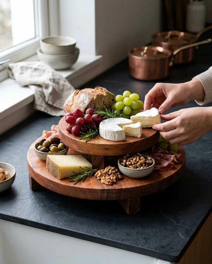 Mit MANTRAL erstelltes Produktbild: die Etagere mit Käse, Trauben und Brot auf einer dunklen Küchenarbeitsplatte