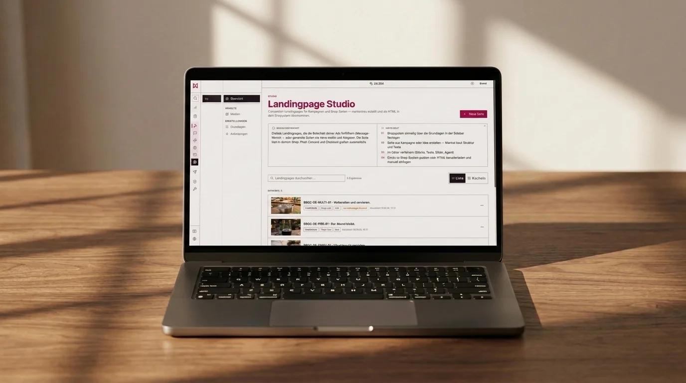 Laptop auf einem Holztisch, auf dem Bildschirm das Landingpage Studio von MANTRAL