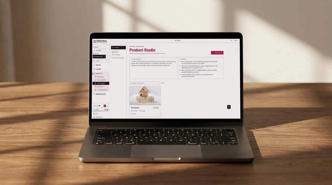 Laptop auf einem Holztisch, auf dem Bildschirm das Product Studio von MANTRAL