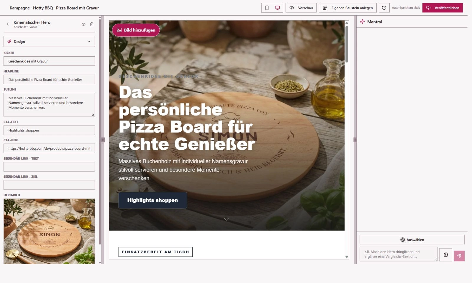 Landingpage im MANTRAL Editor mit Seitenvorschau, Bearbeitungswerkzeugen und Chat