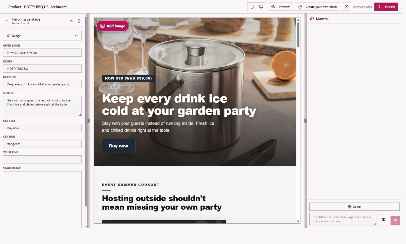 Landing page in the MANTRAL editor with a page preview, editing tools and chat